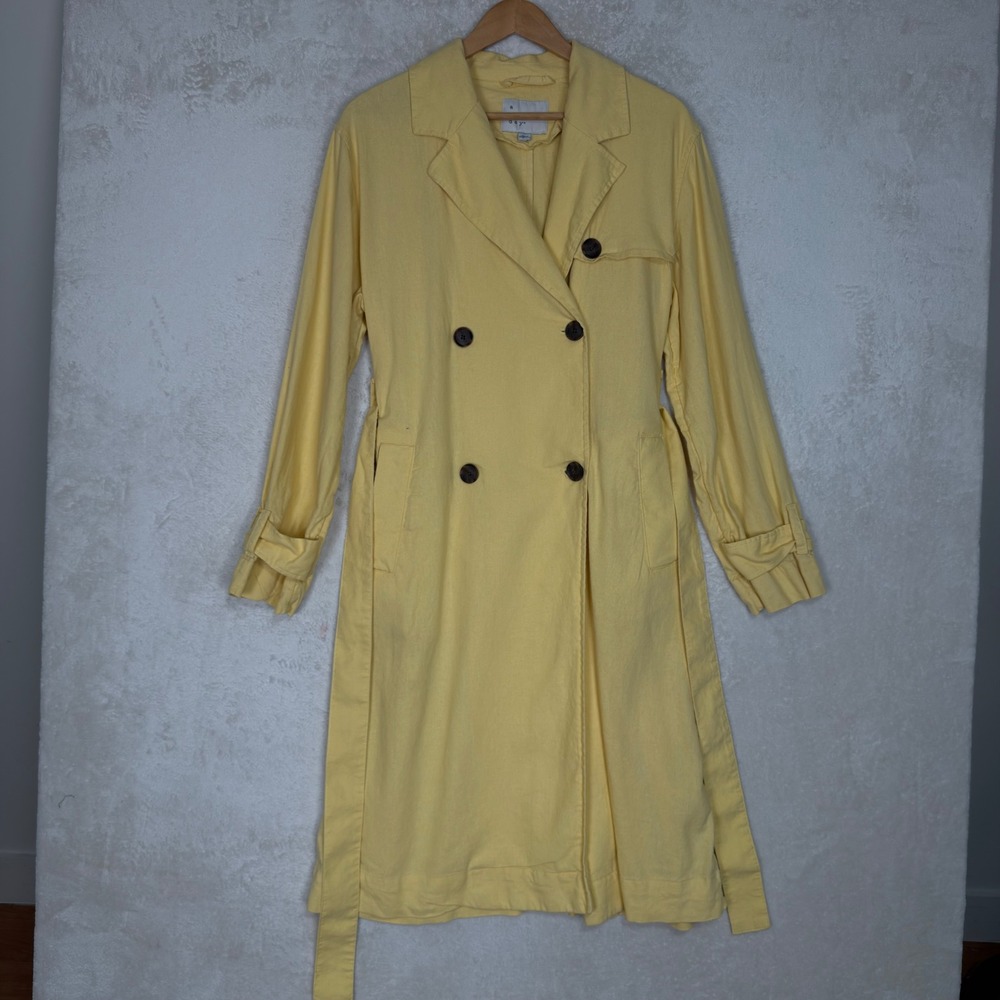 A New Day Yellow Linen Blend Double Breasted Trench Coat Women Medium M NWOT